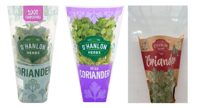 Three pots of coriander are wrapped in clear plastic and one in a brown wrapper.