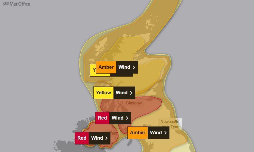 A map of weather alerts across Scotland and Northern Ireland. Notably Scotland's central belt and all of Northern Ireland are coloured in red, where the red alert applies. The rest of Scotland is coloured in amber, where an amber alert applies