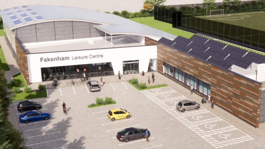 A graphic showing a large leisure centre with a curved roof. Cars are parked on a large car park in front of it.