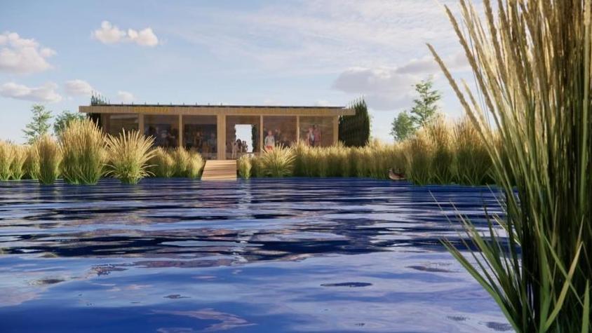 How the beaver observatory at Cors Dyfi Nature Reserve at Derwenlas might look. It is a flat-roofed wooden structure with large windows and a ramp leading down into some water.