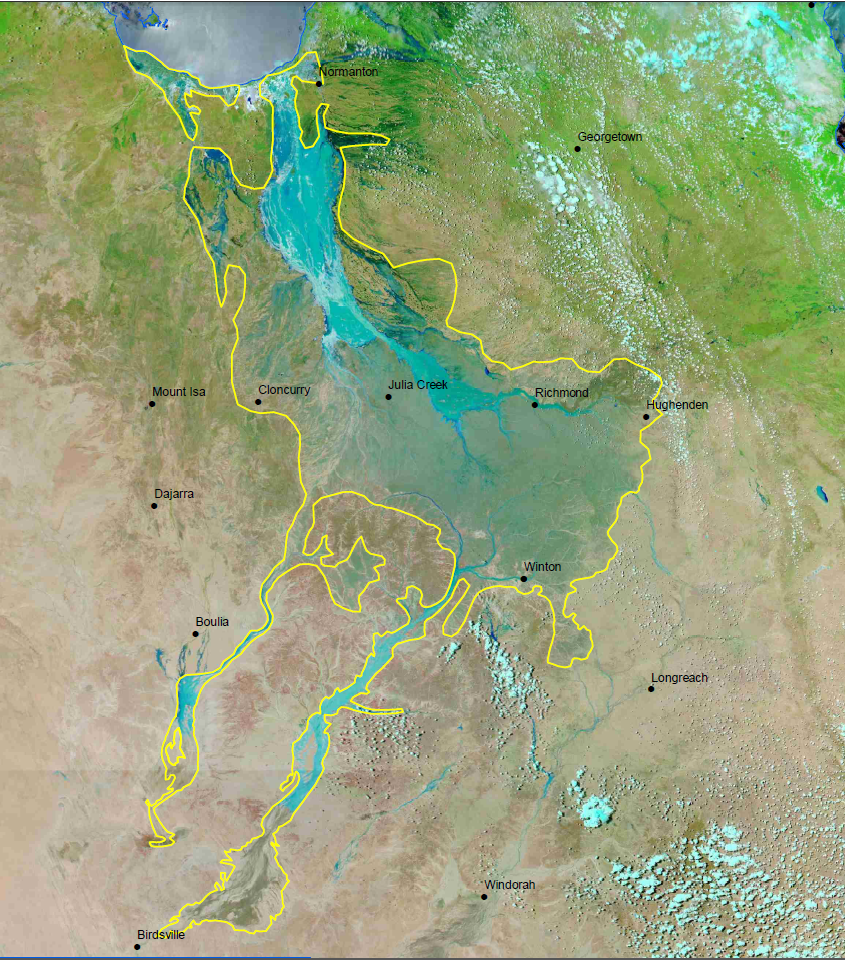 An aerial map shows the affected flood regions in Queensland's cattle farming land on 9 February 2018. Labelled flood-affected regions include (clockwise from top): Normanton, Julia Creek, Richmond, Hughendon, Winton, Boulia, Cloncurry