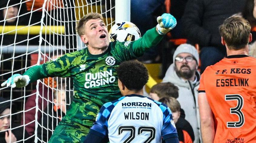 Dundee United goalkeeper Yevhen Kucharenko punches into his own net
