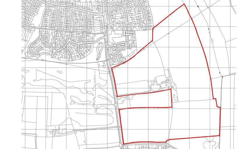 A black and white map with a red area to the east of Winchester Road outlined, showing the extent of the proposal. It touches the existing housing of both Blaby to the north and Countesthorpe to the south, although a chunk in the centre is left where Balmore House sits.