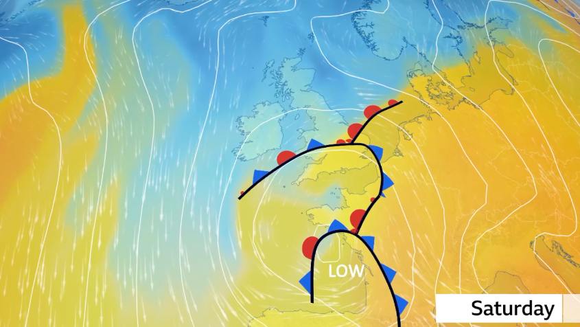 ý Weather graphic showing the pressure pattern with low pressure to the south of the UK. Also shown is the air mass with orange colours moving into southern parts of the UK while blue, colder air is seen elsewhere