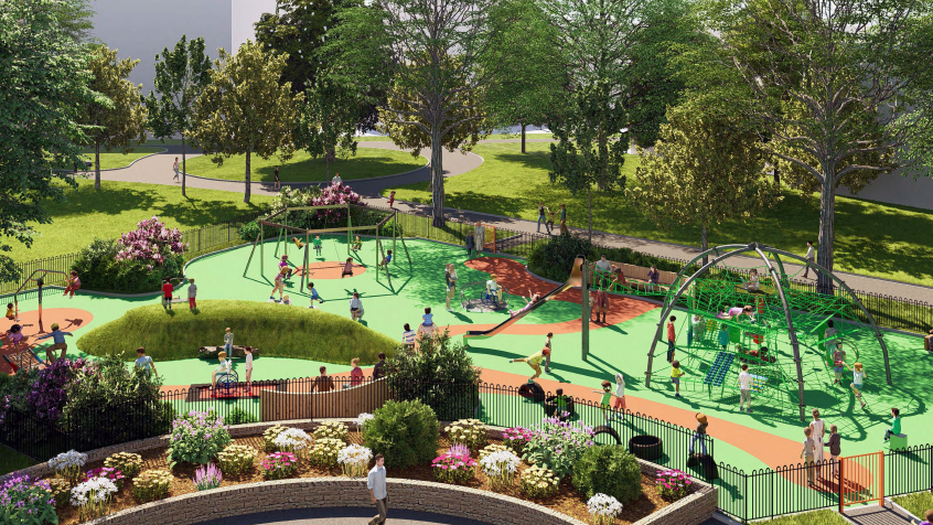 An artist's impression of what the new playground for older children could look like, featuring a slide, metal-framed swings, and a metal-framed climbing frame