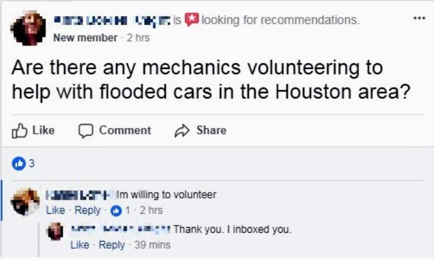 A Facebook post reads: 'Are there any mechanics volunteering to help with flooded cars in the Houston area?' and someone responds: 'I'm willing to volunteer'