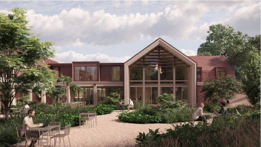 An artist's impression of a two-story modern largely flat roofed complex with large windows, set in plaza style gardens