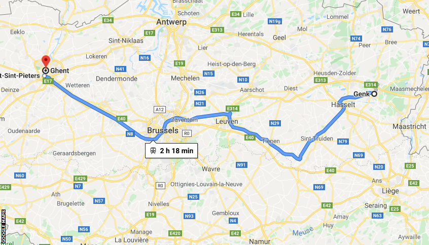 Google Maps showing the distance between Genk and Ghent