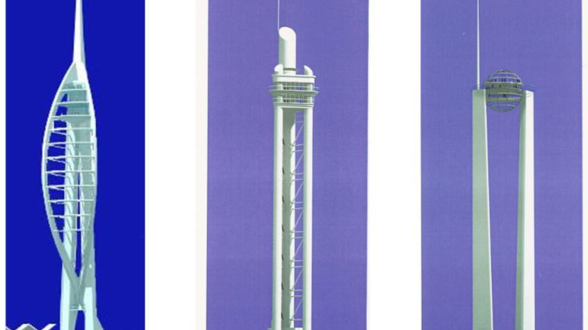 A composite image of three designs for the Spinnaker Tower, side by side. Each tower is white on a blue background. The first - the Spinnaker - is tall and in the shape of a curved sail. The second - the Triple Tower - is tall and straight with three pillars and a viewing platform at the top. The third - the Globe - is a circular glass ball balanced between two tall pillars.