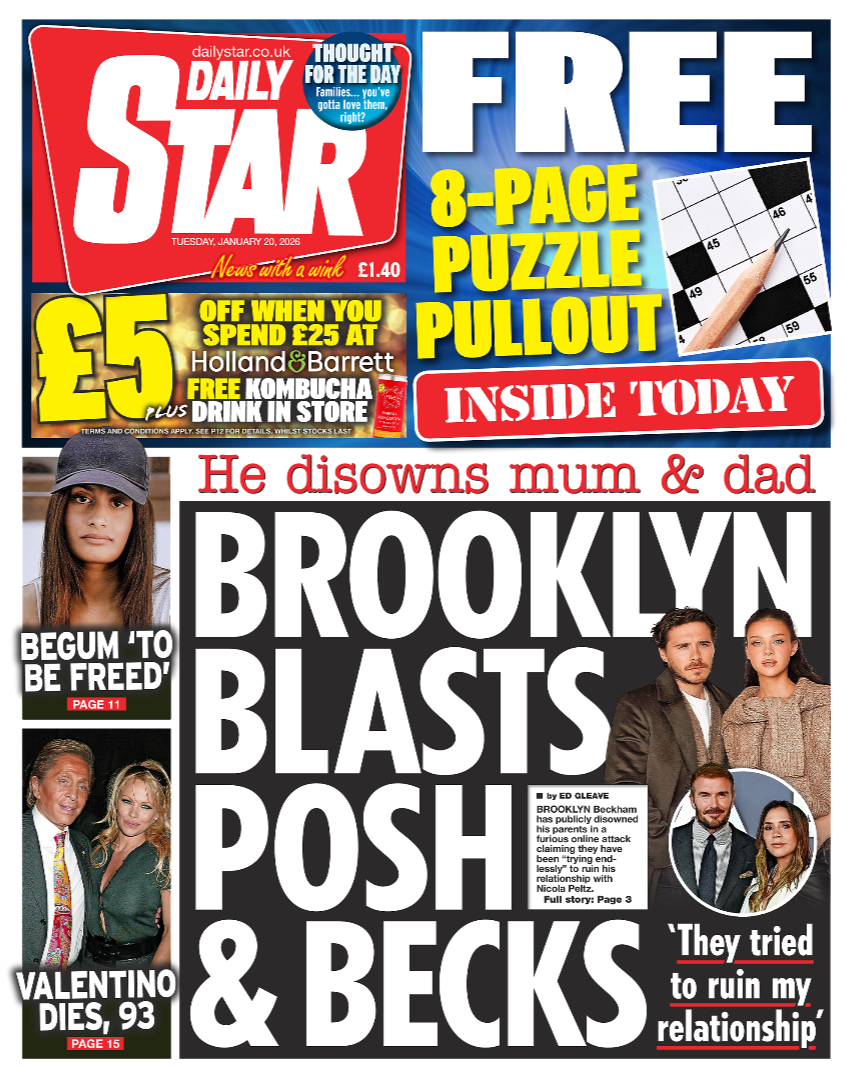 Titulli në faqen e parë të Daily Star thotë: "Brooklyn sulmon ashpër Posh dhe Becks."