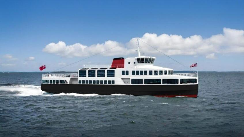 The ferry is seen sailing on the Mersey, with its red and black fake funnel visible.