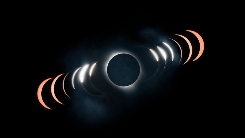 A totality eclipse sequence showing the moon as it passes in front of the sun and then rolls across the other side.  