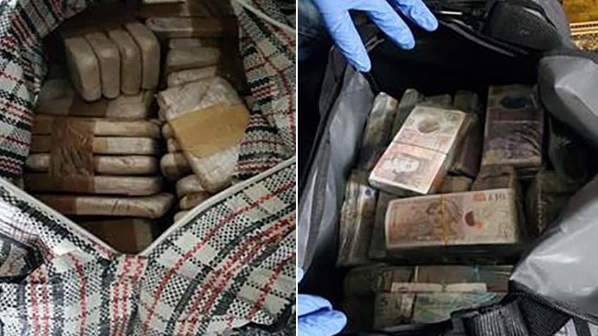 Piles of heroin and bank notes in bags