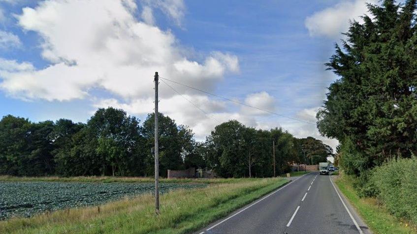 Google view of Croft Bank, near Skegness. There are vehicles in the distance and trees and crop fields in view.