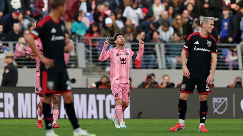 Lionel Messi celebrates scoring for Inter Miami