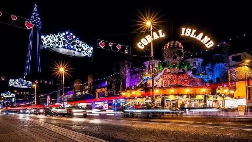 General shot of Blackpool Illuminations at night, with an array of lights in many different colours.