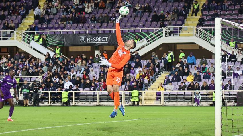 Connor Roberts makes a save during TNS' Europa Conference League away to Fiorentina at the Stadio Artemio Franchi in October 2024