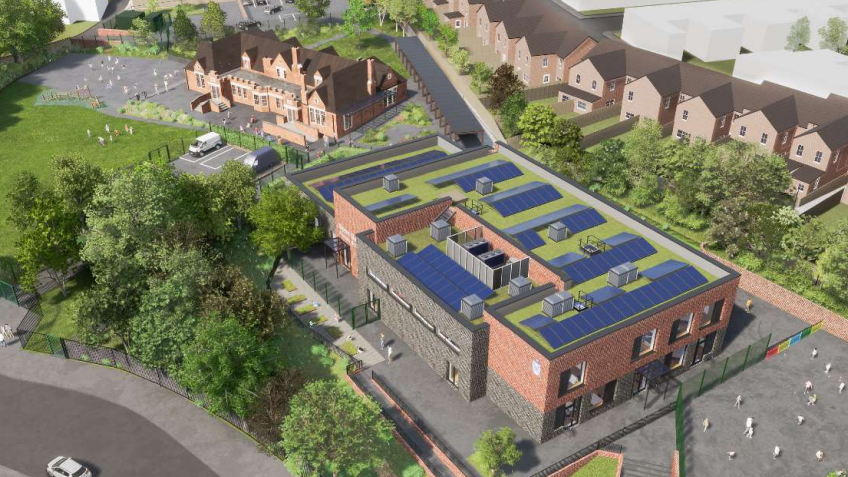 A CGI image of a two-storey rectangular building with solar panels on the roof