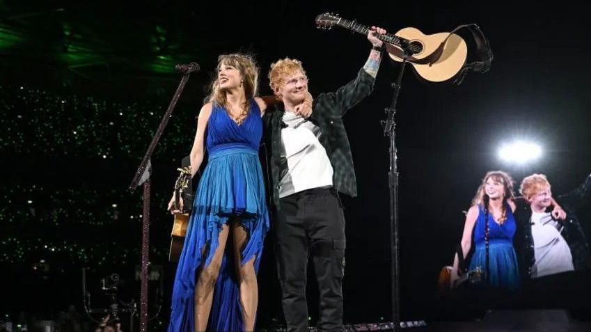 Taylor Swift and Ed Sheeran on stage at Wembley.