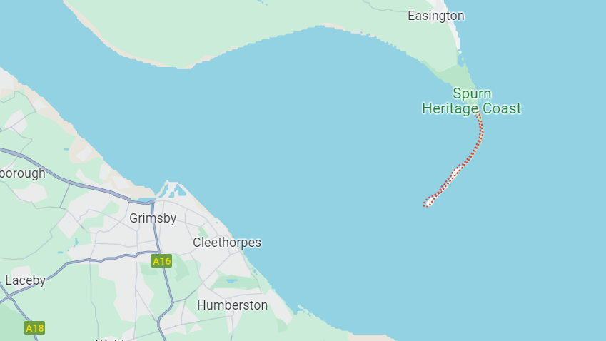 A Google maps graphic showing the mouth of the Humber Estuary with Spurn point outlined in red and Cleethorpes to the south across the estuary mouth.