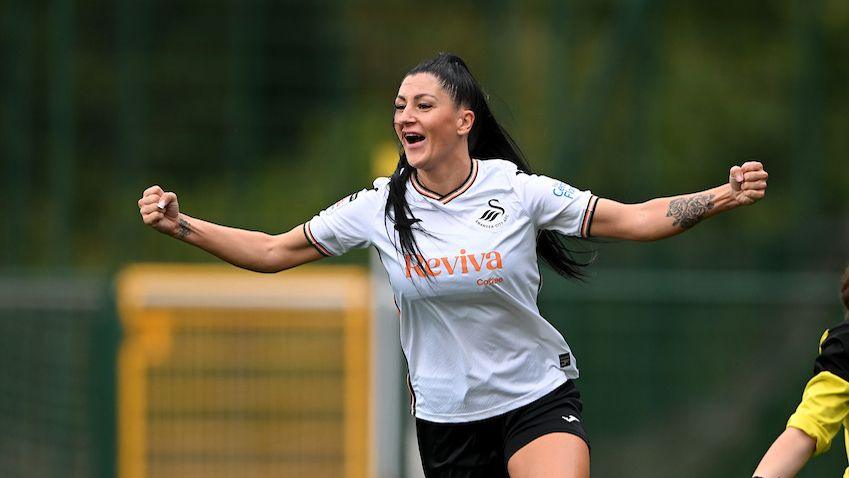 Attacking midfielder Danielle Broadhurst celebrates scoring for Swansea City