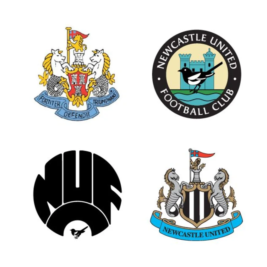 Four Newcastle United crests. An old version is in the top left. In the top right there is a circular crest containing a magpie and a castle. In the bottom left is a circular emblem made up of the letters NUFC. The current crest is in the bottom right.