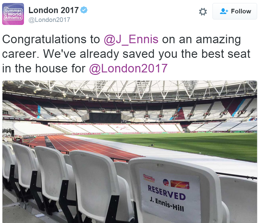 A view of the Olympic Stadium with a seat reserved for Jess Ennis-Hill