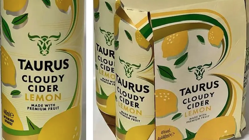 Two images sit side by side. One shows the close up of a yellow can with lemon artwork on it. It reads 'Taurus Cloudy Cider Lemon' and adds 'made with premium fruit'. The second photograph shows a four pack of cider cans in a cardboard packet.