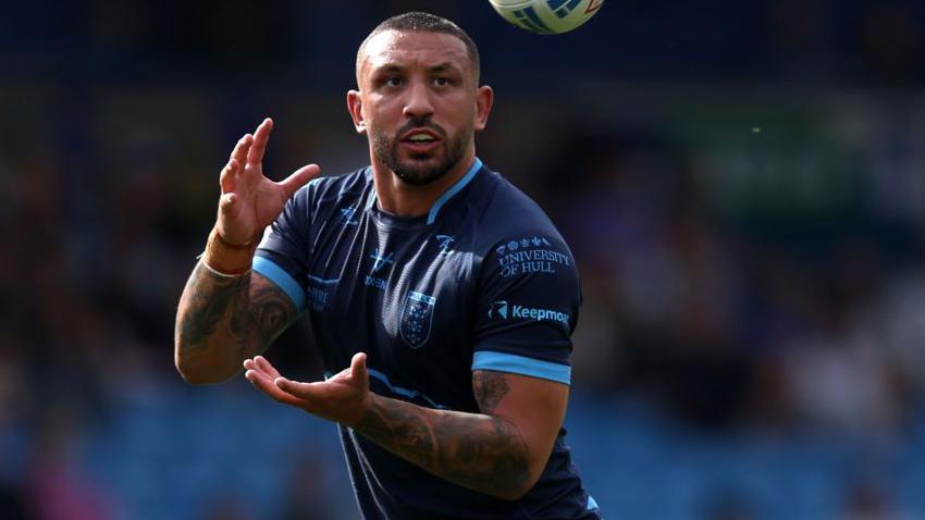 Elliot Minchella of Hull Kingston Rovers catches the ball during the Betfred Super League match between Catalans Dragons and Hull Kingston Rovers at Elland Road on August 18, 2024 in Leeds, England. This match forms part of the 17th Super League Magic Weekend