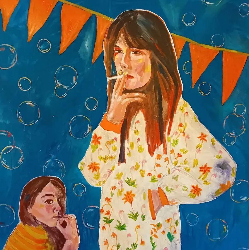 Natalie Chapman's painting Club Tropicana Dreams depicts her looking pensive and thoughtful, while her mother, towering above her, smokes a cigarette. The blue background shows bubbles and bunting 