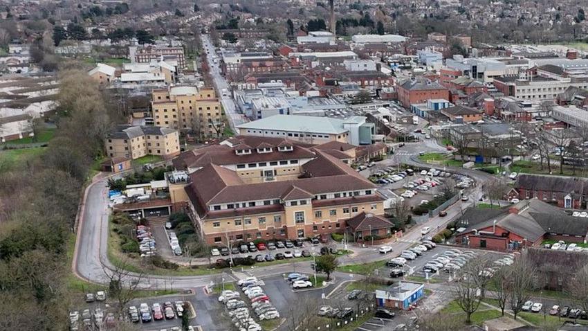 An drone shot of Nottingham City Hospital form the sky.