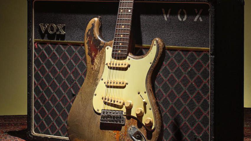 Rory Gallagher's '61 Stratocaster pictured against a VOX amp