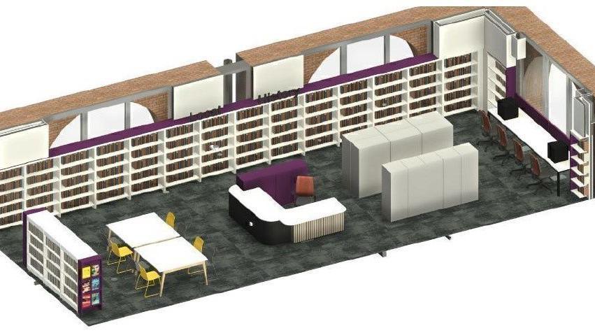 A CGI image of how the new local history at Reading Central Library will look. It will have bookshelves running alongside the length of one wall, desk space for eight chairs in two areas and a reception desk.