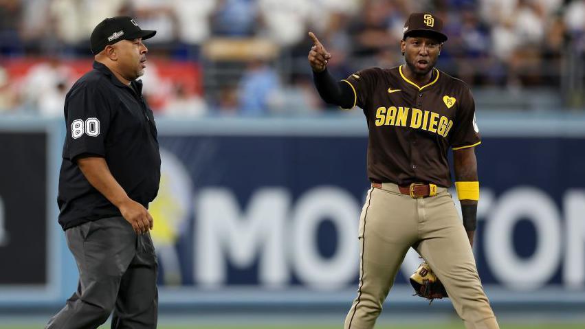 Jurickson Profar of the San Diego Padres points to the crowd