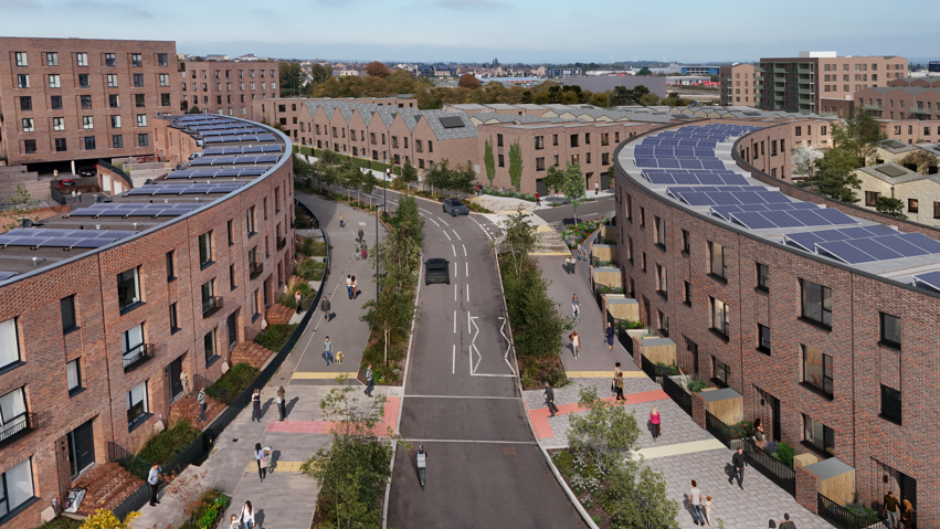 A computer-generated image of the new housing development with a wide road in the middle flanked by two blocks of new housing