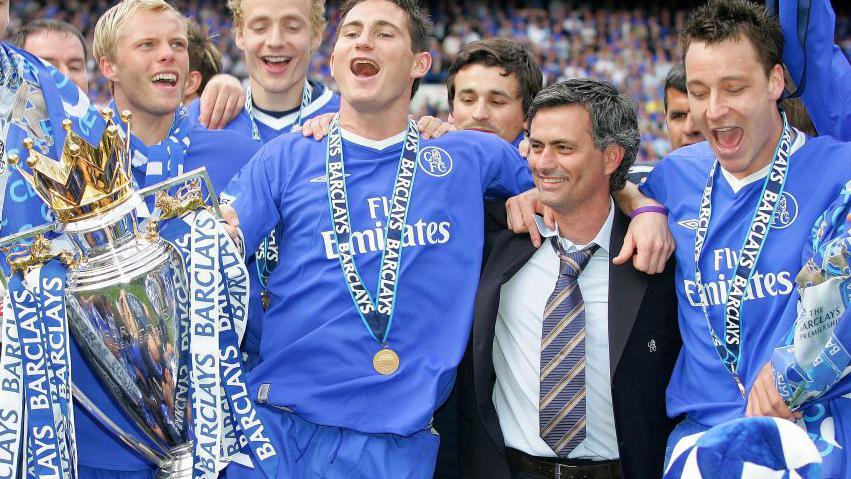 Jose Mourinho celebrates winning the Premier League title arm in arm with Frank Lampard and John Terry