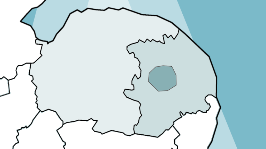 We can see a map of Norfolk with it cut up into three sections. One covers west and central Norfolk, another covers the eastern side. In the middle of the eastern side, a section if carved out for Norwich.