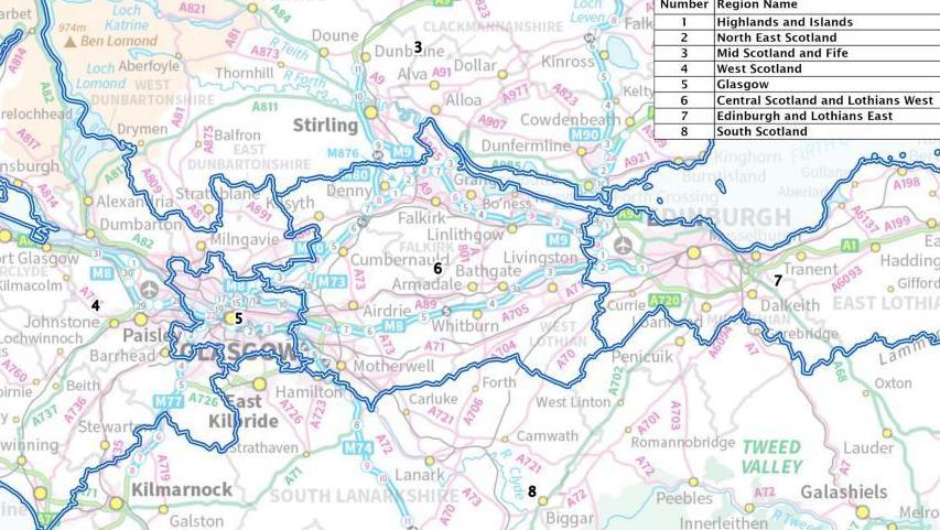 Extract from a map of Scotland's new electoral regions - illustrating the central belt, including a new region covering West Lothian and areas including Falkirk, Airdrie and Motherwell