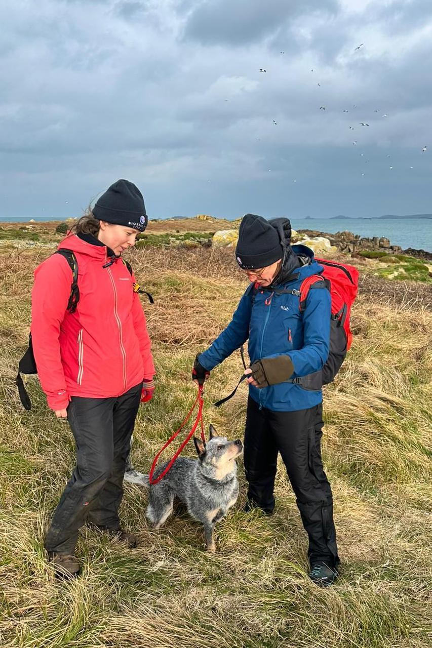 Laura Bambini and Tessa Coledale are standing with Kuki on tufted grass with the turquoise sea behind them and seabirds in the grey sky above.