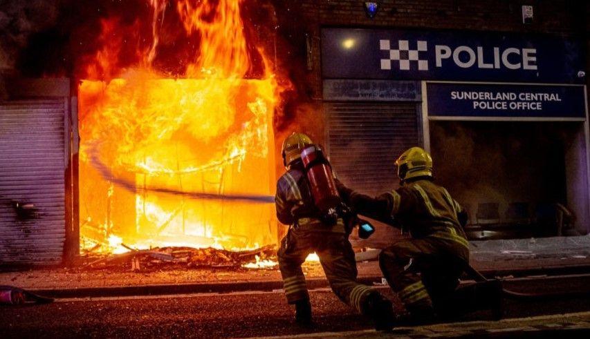 Firefighters tackle blaze beside Sunderland Central Police Office on Friday