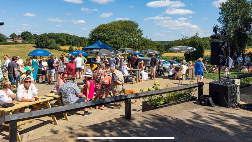 A large group of people sitting in a pub garden on a summers day