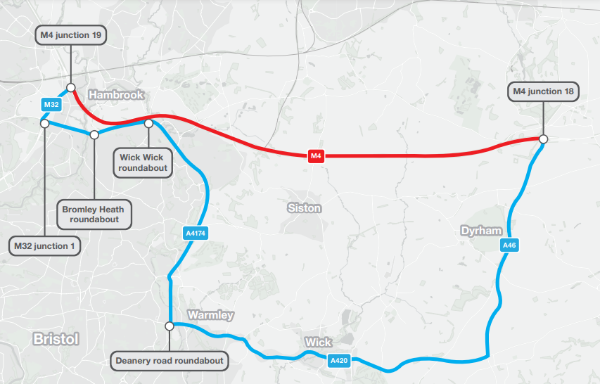 A map of the Junction 18-19 road closure in place later this month. In a red line, is the closure between Junction 18 and 19. In a blue line, is a diversion via A46, A420 and A4174.