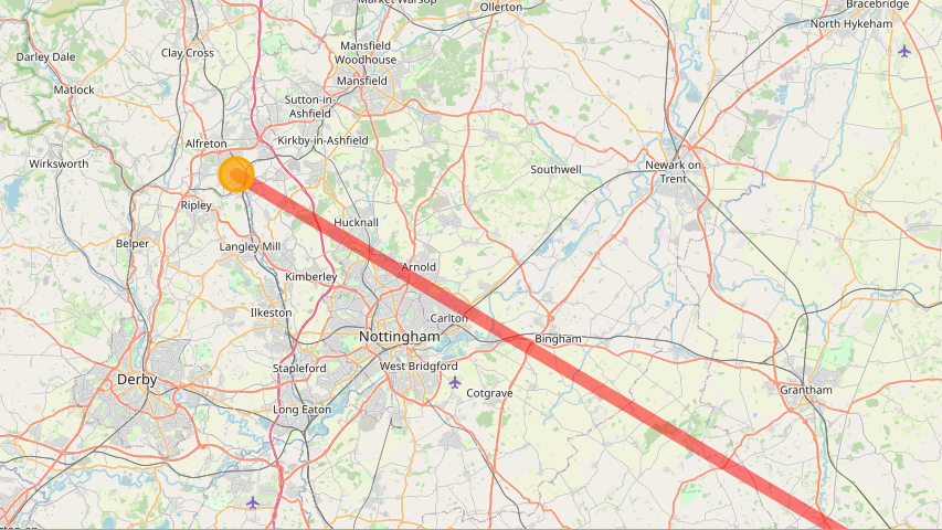 A map of the East Midlands with a line that shows the trajectory of the fireball and the area that it is understood to have landed