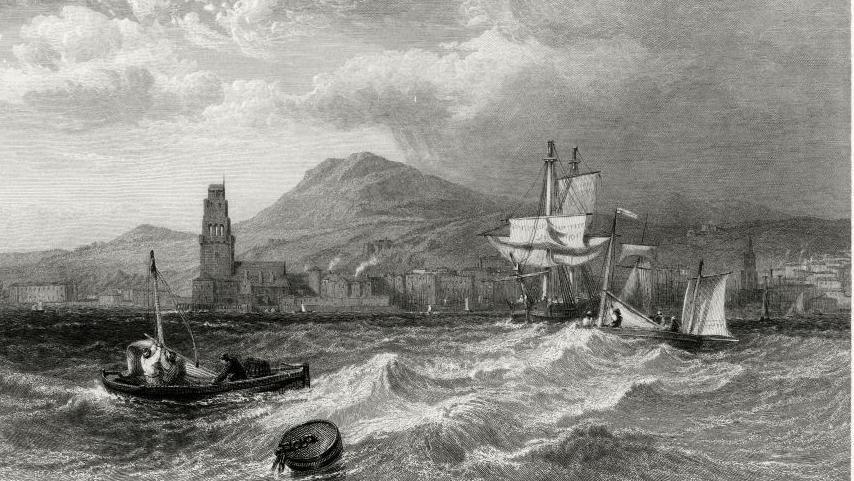 Dundee in a print by the artist Edward Goodall. The print is in black and white and shows boats at sea in front of the city. The sea is stormy.
