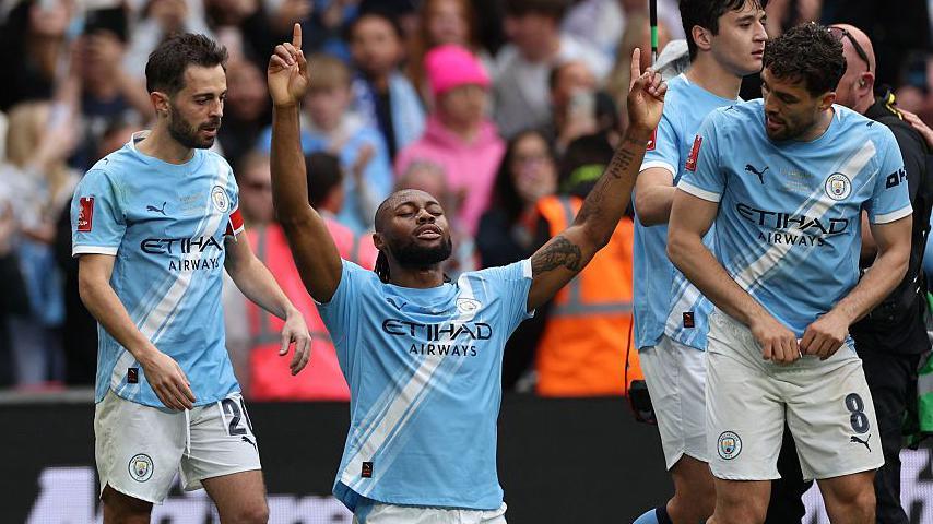 Antoine Semenyo celebrates after putting Manchester City ahead in the FA Cup Final against Chelsea at Wembley.