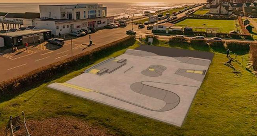 Artist's impression of Southwold's new Klondyke Skatepark, with the pier and seafront in the background