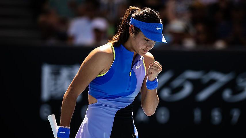 Emma Raducanu playing tennis during the Australian Open at Melbourne Park on January 21, 2026. 