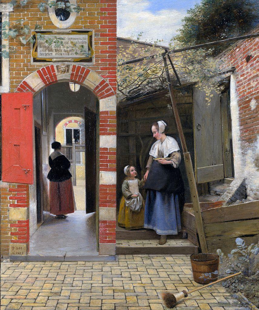 A 17th-century painting from the Dutch golden age showing a woman and small child standing in a courtyard. A second woman is standing in an arched passageway.