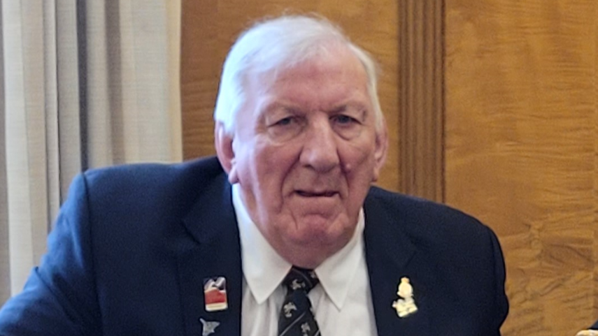 A head and shoulders shot of David Freeman. He has grey hair and is wearing a blue jacket, a white shirt and a regimental tie. He has veterans' and military badges on each lapel.