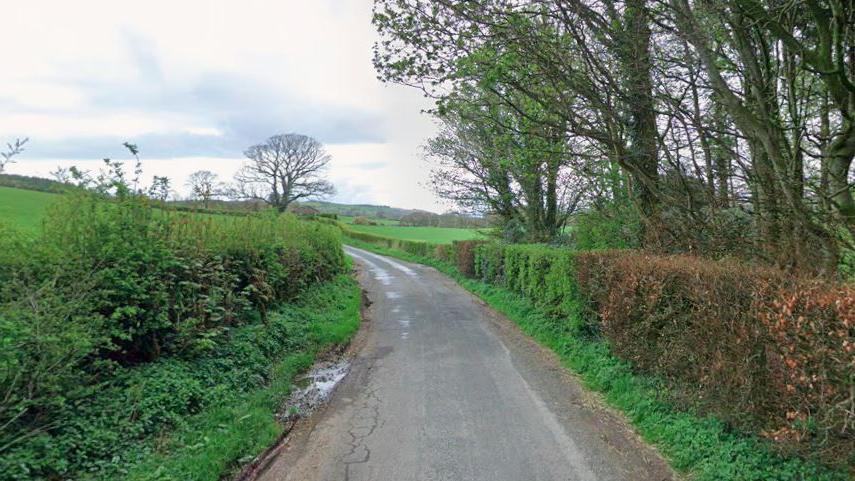 A woodland path with trees on the right and bushes on the left. It cuts through green fields which can be seen in the distance